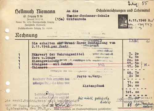 Rechnung, Fa. Hellmuth Niemann, Schuleinrichtungen und Lehrmittel, Leipzig, 1948