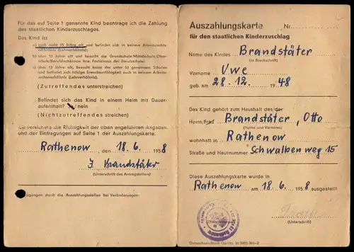 Auszahlungskarte für den staatlichen Kinderzuschlag [DDR], 1958