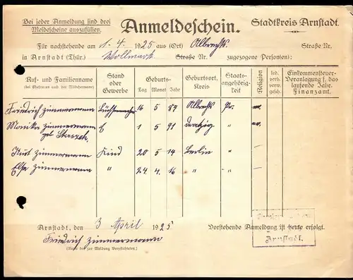 Anmeldeschein für vier Personen im Stadtkreis Arnstadt, 3.4.1925