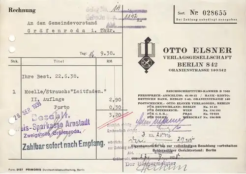 Rechnung, Otto Elsner Verlagsgesellschaft, Berlin S 42, 16.9.38
