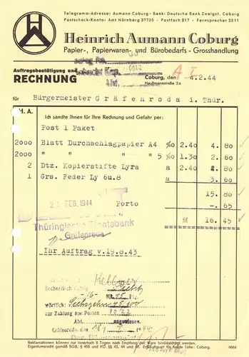 Rechnung, Fa. Heinrich Aumann, Coburg, Papiergrosshandlung, 4.2.44