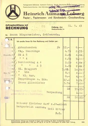 Rechnung, Fa. Heinrich Aumann, Coburg, Papiergrosshandlung, 31.5.43