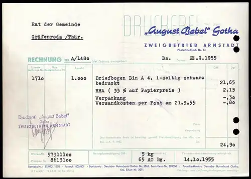 Rechnung, Druckerei "August Bebel", Gotha, Zweigbetrieb Arnstadt, 28.9.55