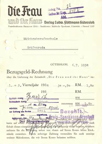 Rechnung, Verlag Ludwig Flöttmann, Die Frau und ihr Haus, Gütersloh, 6.7.38