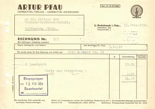 Rechnung, Fa. Artur Pfau, Lehrmittel-Verlag, Rudolstadt i. Thür., 1954