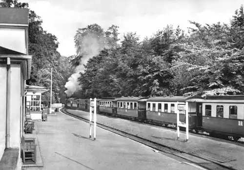 AK, Ostseebad Heiligendamm, Bahnhof mit Zug der Bäderbahn, 1967