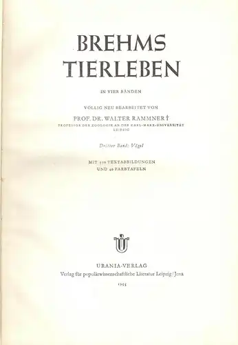 Brehms Tierleben in vier Bänden, Urania-Verlag Leipzig / Jena, 1955