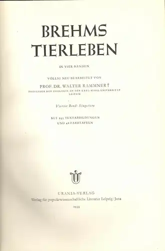 Brehms Tierleben in vier Bänden, Urania-Verlag Leipzig / Jena, 1955