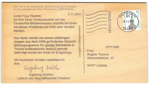 AK aus Holz, Landschaft mit Tieren, Blindenmission, postalisch gelaufen, 2001