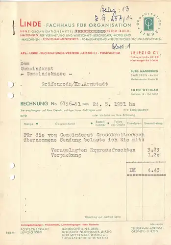 zwei Rechnungen, Linde, Fachhaus für Organisation, Leipzig C 1, 24.5.1951