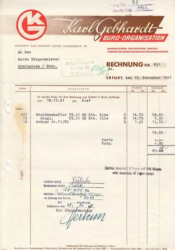 zwei Rechnungen, Fa. Karl Gebhardt, Büro-Organisation, Erfurt, 1939 bzw. 1941