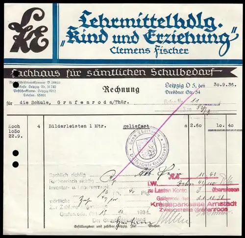 Rechnung, Lehrmittelhandlung Clemens Fischer, Leipzig O 5, 30.9.36