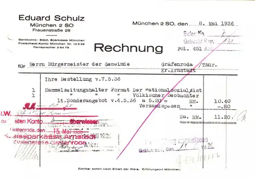 Rechnung, Fa. Eduard Schulz, München 2 SO, 1936