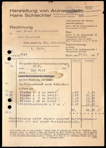 Rechnung, Hans Schlechter, Laboratorium f. Arzneimittelforchung, Berlin, 20.9.43