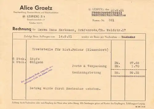 Rechnung und Preisliste, Fa. Alice Graetz, Leipzig S 3, Haarhandlung, 20.9.1951