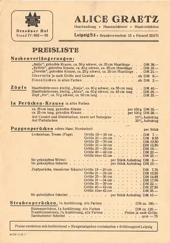 Rechnung und Preisliste, Fa. Alice Graetz, Leipzig S 3, Haarhandlung, 20.9.1951