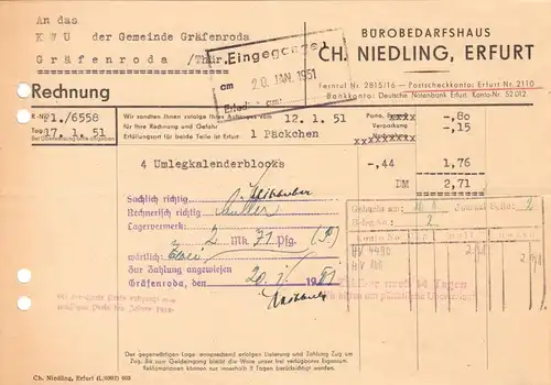Rechnung, Fa. Ch. Niedling, Erfurt, Bürobedarfshaus, 17.1.1951