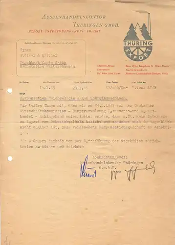 Anschreiben, Außenhandelskontor Thüringen GmbH, Kompensationsgeschäft, 5.6.1949