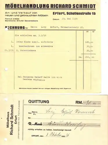 Rechnung und Quittung, Möbelhandlung Richard Schmidt, Erfurt, 1936