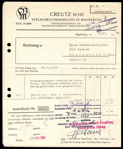 Rechnung, Creutz'sche Verlagsbuchhandlung in Magdeburg, 29.10.38
