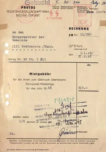 Rechnung, Protos Telefongesellschaft mbH, Bezirk Erfurt, 3.5.1948, AfS Siemens