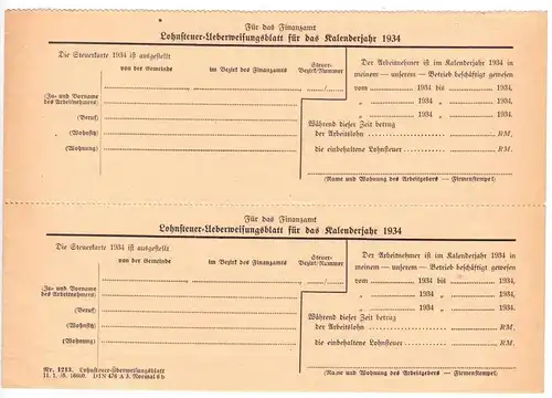 Lohnsteuerüberweisungsblatt für das Kalenderjahr 1934