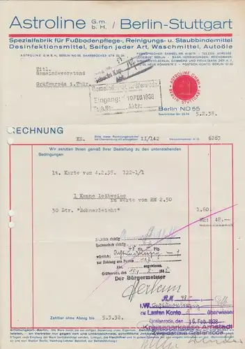 Rechnung, Fa. Astroline, Fußbodenpflegemittel, Berlin - Stuttgart, 5.2.38