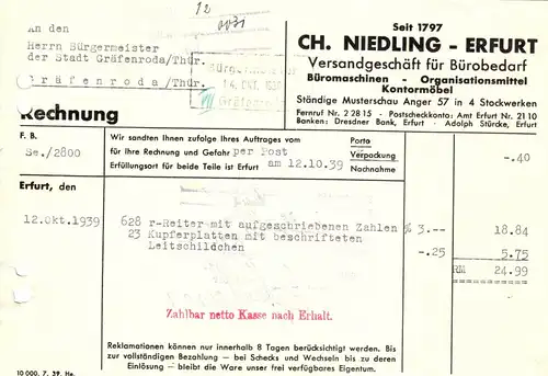 Rechnung, Ch. Niedling, Erfurt, Versandgeschäft für Bürobedarf, 12.10.1939