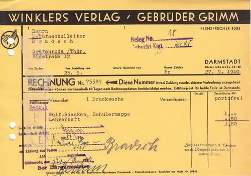 Rechnung, Winklers Verlag / Gebrüder Grimm, Darmstadt, 27.9.1940