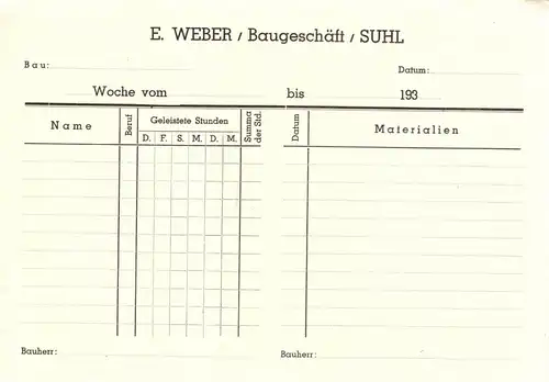 Abrechnungsbogen blanko, Baugeschäft E. Weber Suhl, 1930er