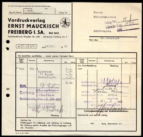 Rechnung, Ernst Maukisch, Vordruckverlag, Freiberg Sa., 16.12.1939