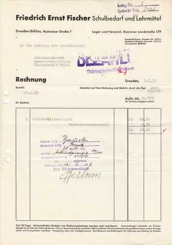 Rechnung, Fa. Friedrich Ernst Fischer, Schulbedarf, Dresden - Bühlau, 3.5.39