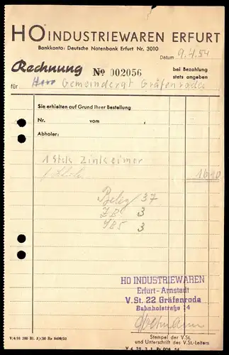 Rechnung, VEB Industriewaren Erfurt, 9.4.54