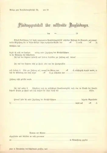 Pfändungsprotokoll über vollstreckte Auspfändungen, um 1895, blanko