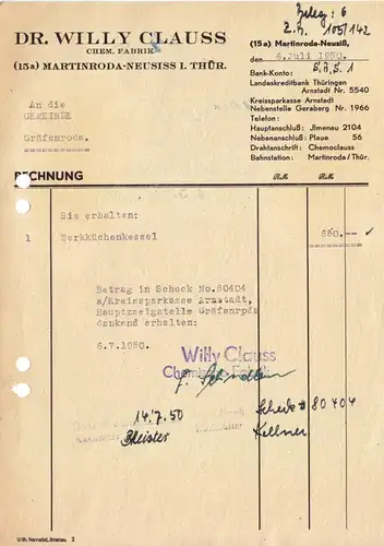 Rechnung, Dr. Willy Clauss, Chem. Fabrik, Martinsroda - Neusiss Thür., 6.7.1950