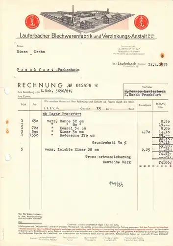 Rechnung, Lauterbacher Blechwarenfabik und Verzinkungs-Anstalt GmbH, 24.4.53