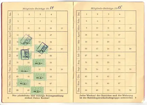 FDGB der DDR, frühes Mitgliedsbuch mit Beitragsmarken 1954