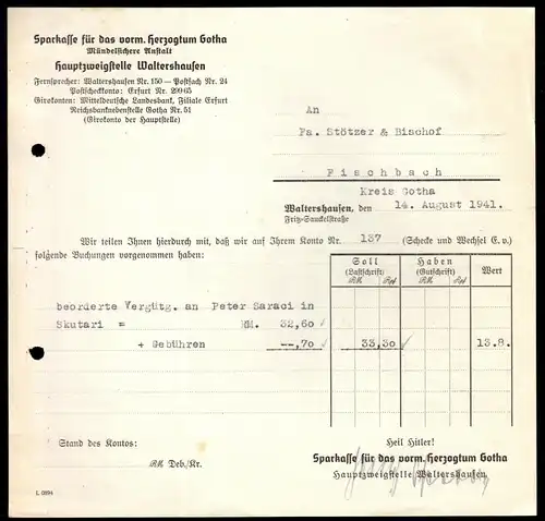 Anschreiben, Sparkasse für das vorm. Herzogtum Gotha, Kontenbeleg, 14.8.41