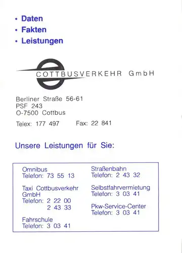 Kleines Faltblatt, Daten zur Cottbusverkehr GmbH, 1991