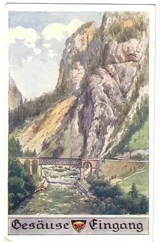 AK, Gesäuse, Eingang, Brücke, Künstlerkarte, 1925