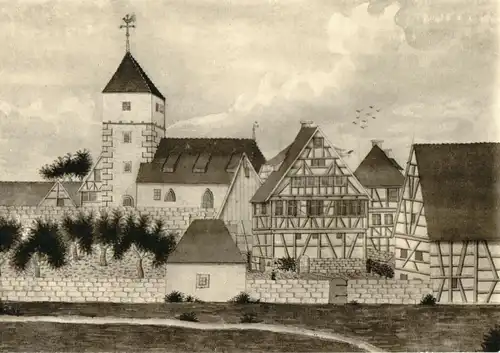 AK, Gechingen, Ev. Pfarrkirche mit Fahrhaus im Jahr 1818, um 1970