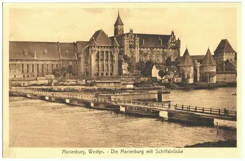AK, Marienburg Westpr., Malbork, Die Marienburg mit Schiffsbrücke, 1927