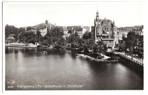 AK, Königsberg i. Pr., Schloßteich mit Stadthalle, um 1940