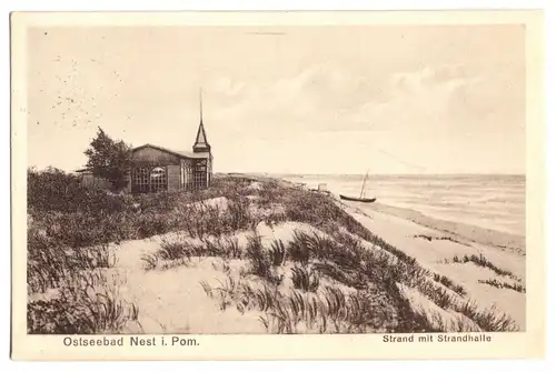 AK, Ostseebad Nest i. Pom., Unieście, Strand mit Strandhalle, 1928
