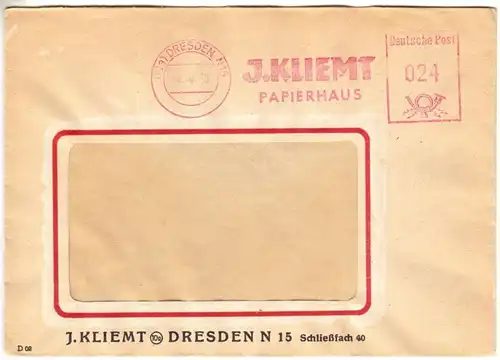 AFS, Dresden, J. Kliemt, Papierhaus, (10a) Dresden N 15, 12.10.50