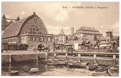 AK, Kiel, Fischhalle, Schloß und Seegarten, belebt, um 1914