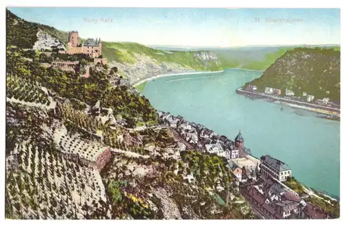 AK, St. Goarshausen, Teilansicht mit Burg Katz, ca. 1914