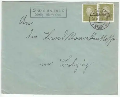 Landpoststempel, Schönefeld Beelitz (Mark) Land, Beelitz (Mark) Stadt, 28.8.33