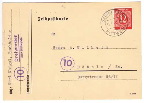 Nachverw. Feldpostkartenvordr., Mi.-Nr. Einheit., 919 EF,  o Dreiwerden, 1946