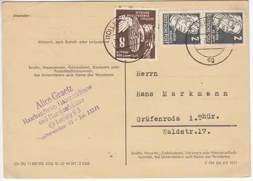 Bedarfspostkarte, DDR Mi.-Nr. 277 Mif 2 x 212, o Leipzig C 11, 31.7.51